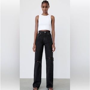 Zara z1975 Wide Leg Full Length Black Ripped Jeans